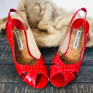 MANOLO BLAHNIK Red Patent Leather Peep Toe 8.5